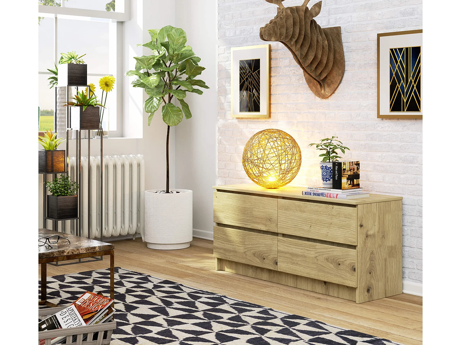 Commode AKORD K120 Chêne Artisan 120 cm 4 tiroirs façade Chêne Artisan 120x40x55 cm