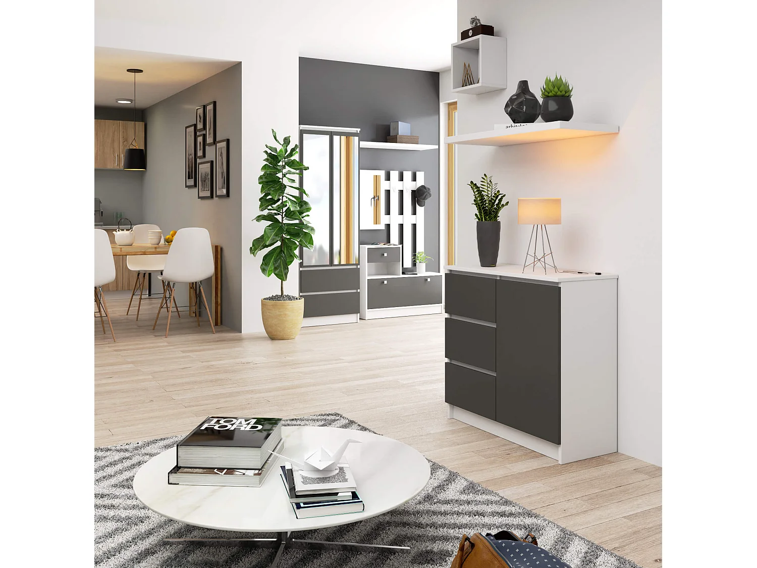 Kommode AKORD JERRY Weiß 80 cm Tür 3 Schubladen 2 Ebenen Front Graphitgrau B80 x H77 x T35 cm