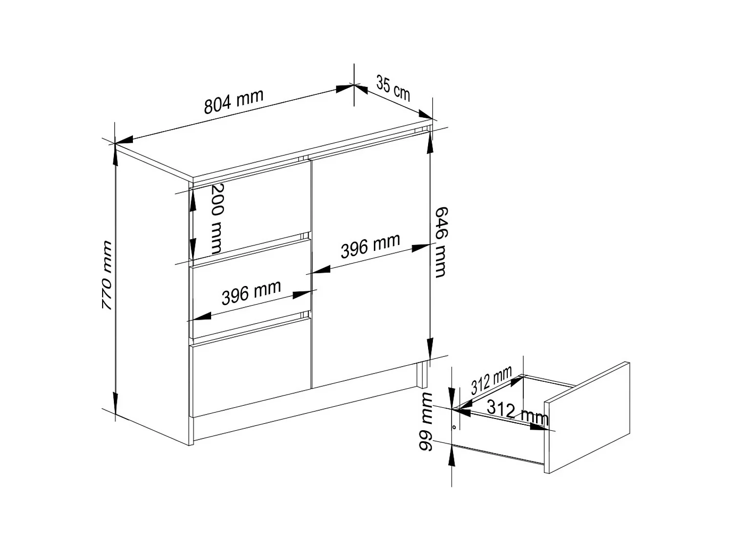 Commode AKORD JERRY Blanche 80 cm 1 porte 3 tiroirs façade Gris Graphite 2 étagères 80x35x77 cm