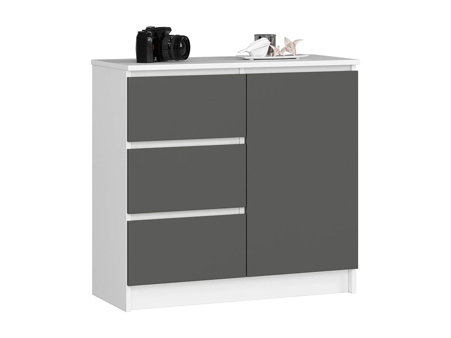Commode AKORD JERRY Blanche 80 cm 1 porte 3 tiroirs façade Gris Graphite 2 étagères 80x35x77 cm