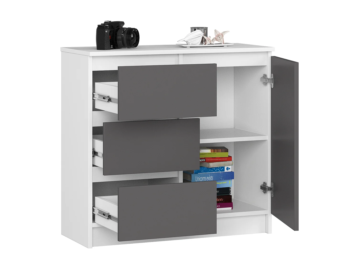 Commode AKORD JERRY Blanche 80 cm 1 porte 3 tiroirs façade Gris Graphite 2 étagères 80x35x77 cm