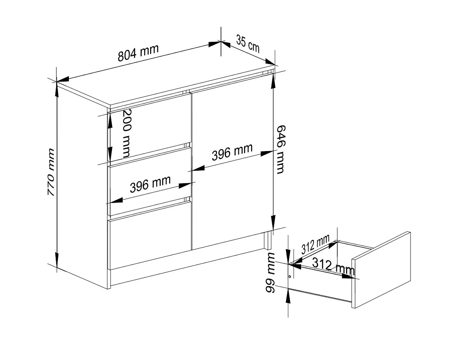 Kommode AKORD JERRY Sonoma-Eiche 80 cm Tür 3 Schubladen 2 Ebenen Front Weiß B80 x H77 x T35 cm