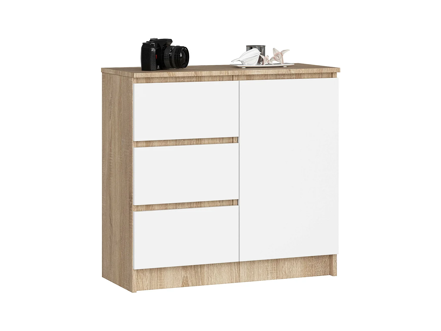 Commode AKORD JERRY Chêne Sonoma 80 cm 1 porte 3 tiroirs façade Blanche 2 étagères 80x35x77 cm