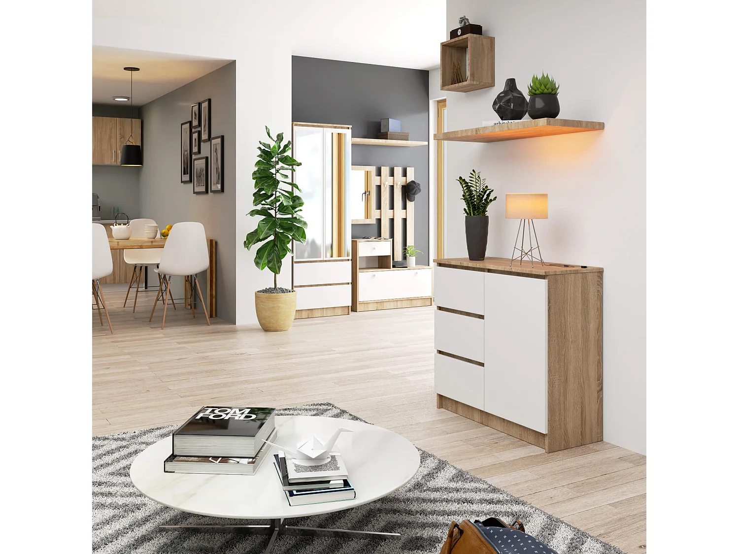 Cassettiera AKORD JERRY Cassettiera Sonoma Quercia 80 cm 1 anta 3 cassetti inserto frontale Bianco 80x35x77 cm