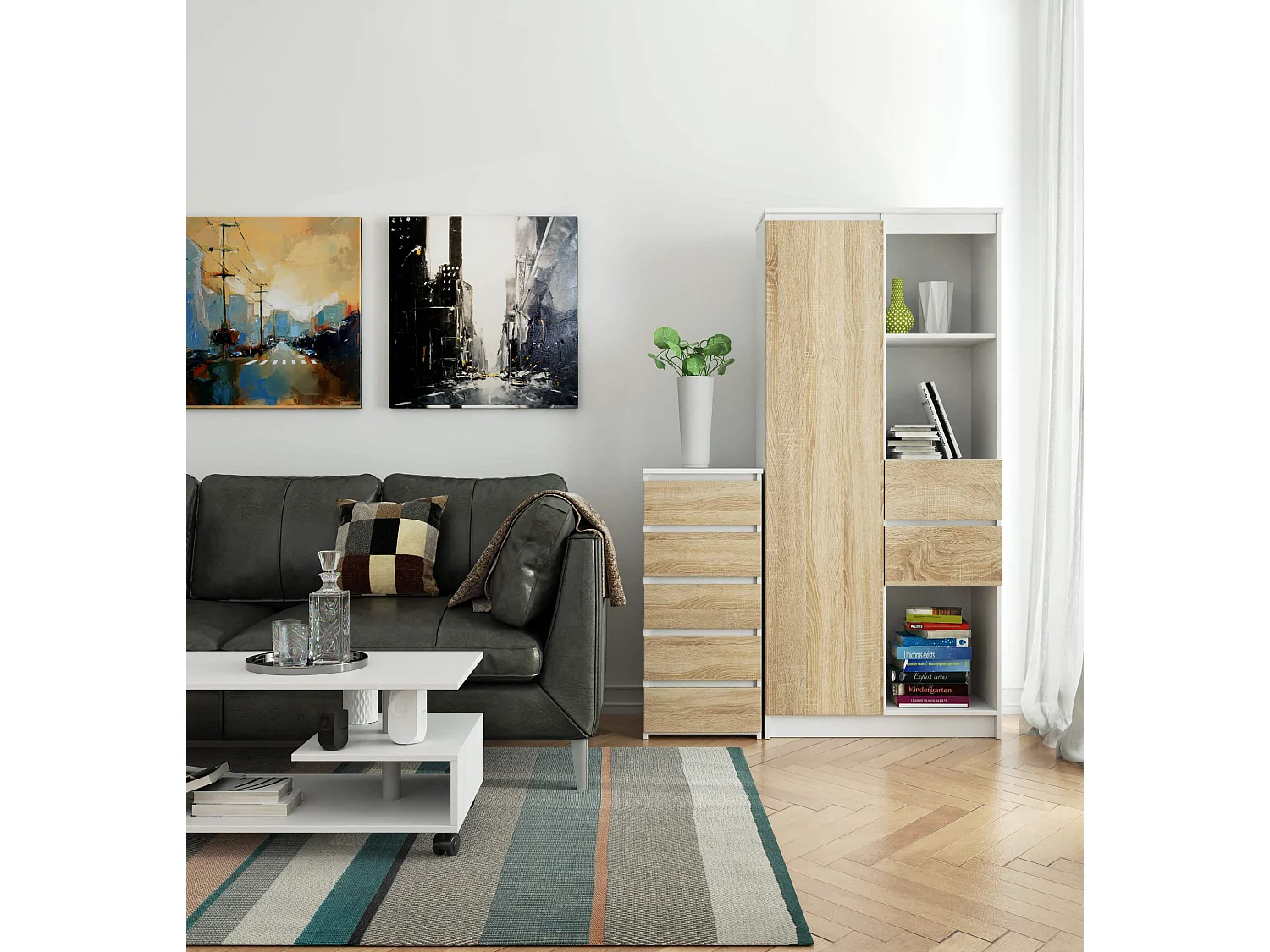 Kommode AKORD CL5 Weiß 40 cm 5 Schubladen Front Sonoma-Eiche B40 x H92 x T35 cm