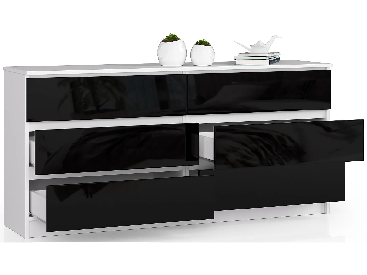 Grande Commode pour le salon AKORD K160 Blanche 160 cm 6 tiroirs façade Noir Brillant 160x40x77 cm