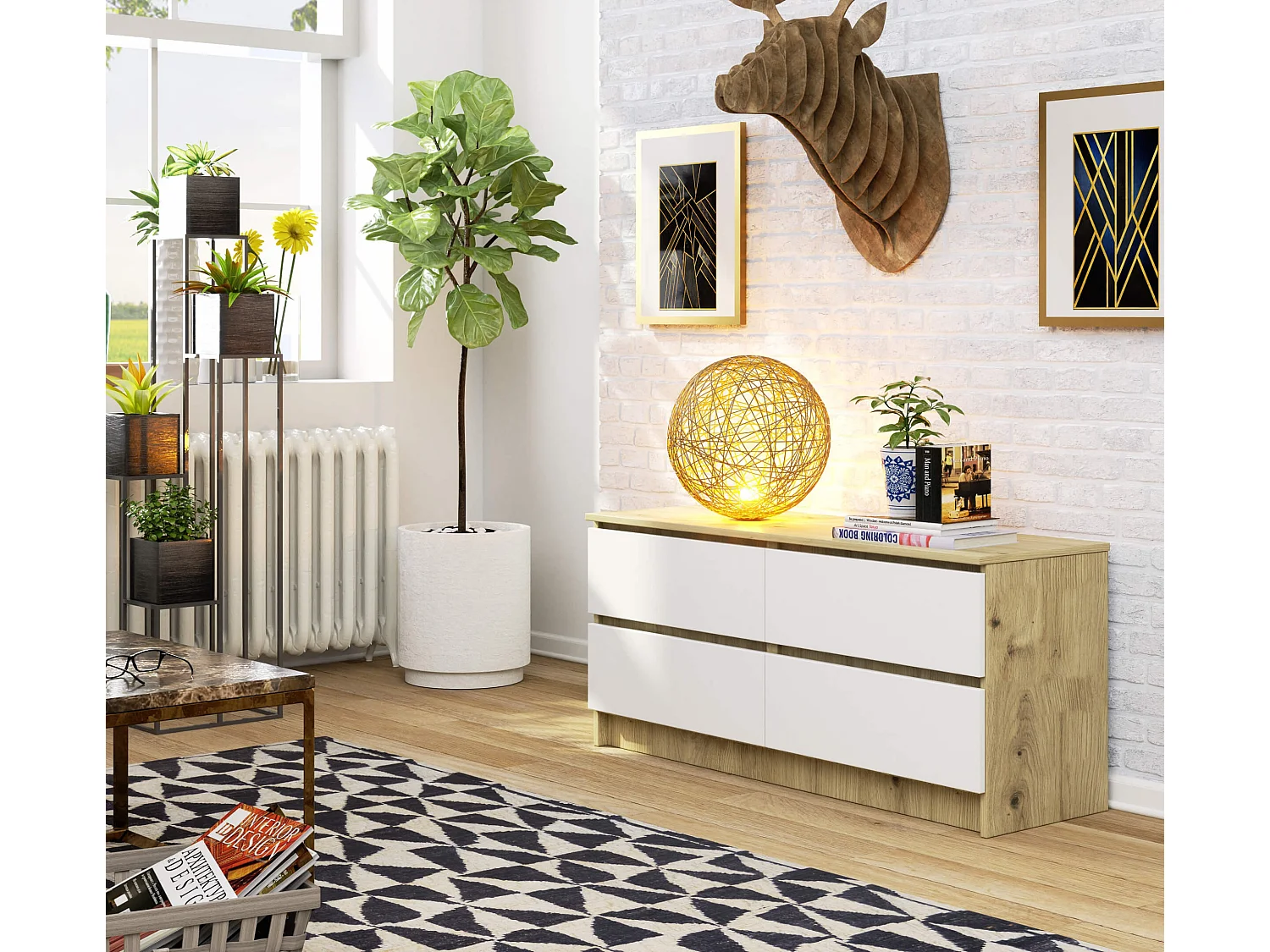 Cassettiera AKORD K120 Quercia Artisan 120 cm 4 cassetti inserto frontale Bianco 120x40x55 cm