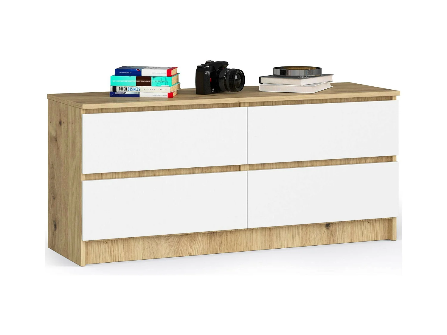 Commode AKORD K120 Chêne Artisan 120 cm 4 tiroirs façade Blanche 120x40x55 cm