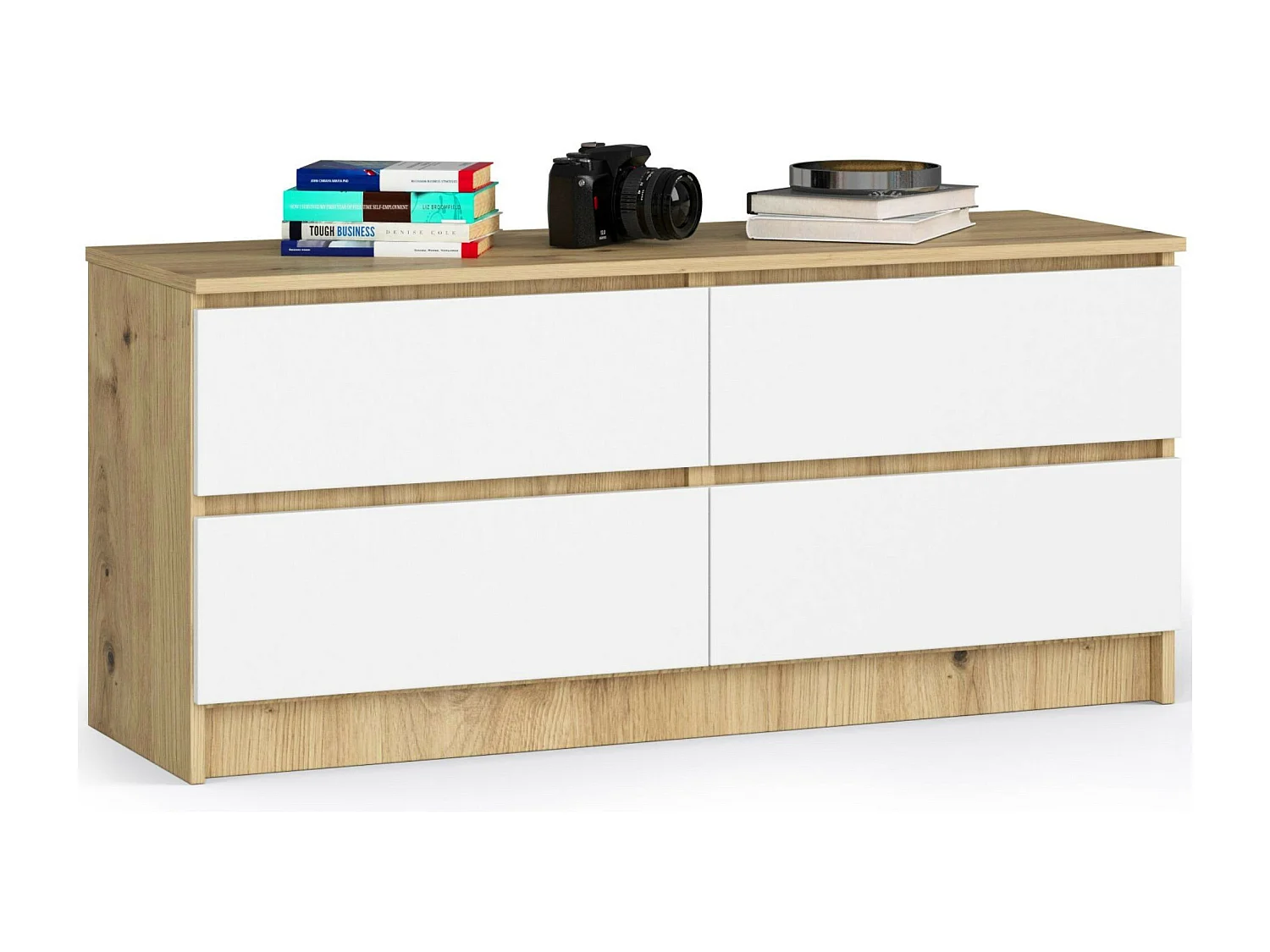 Commode AKORD K120 Chêne Artisan 120 cm 4 tiroirs façade Blanche 120x40x55 cm