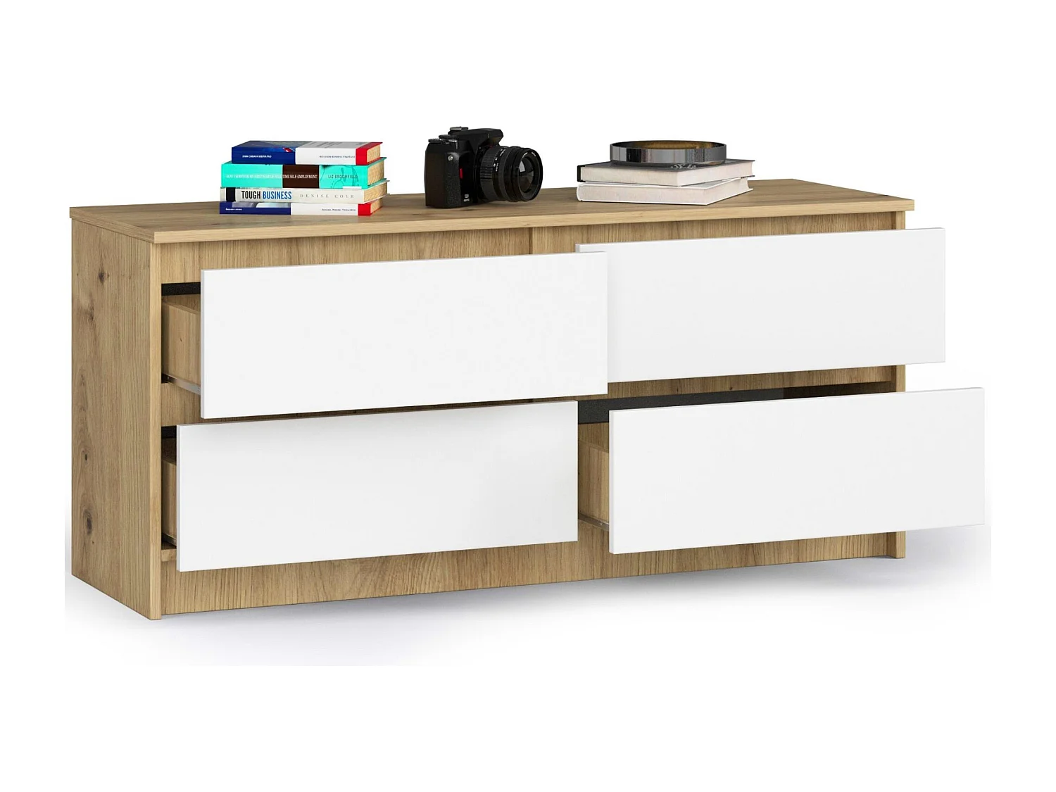 Commode AKORD K120 Chêne Artisan 120 cm 4 tiroirs façade Blanche 120x40x55 cm