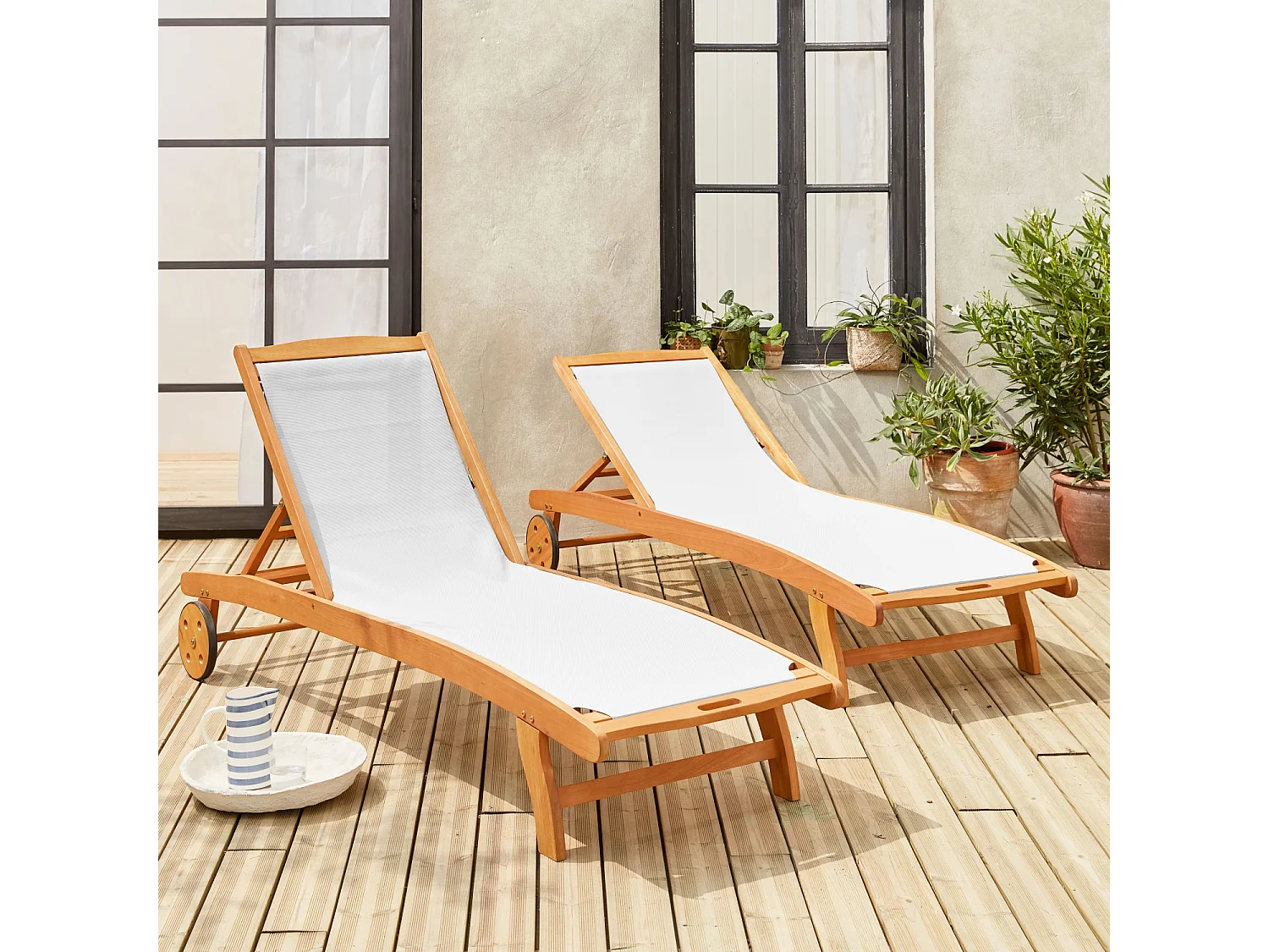 Tumbona de madera multiposición con ruedas, set de 2 blanco