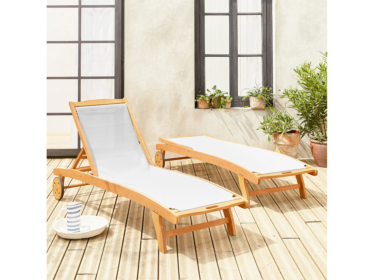 Tumbona de madera multiposición con ruedas, set de 2 blanco
