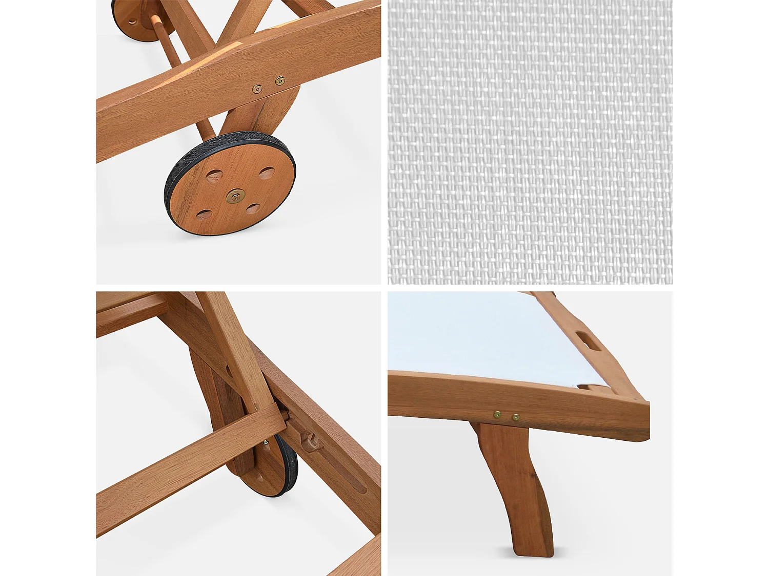 Tumbona de madera multiposición con ruedas, set de 2 blanco