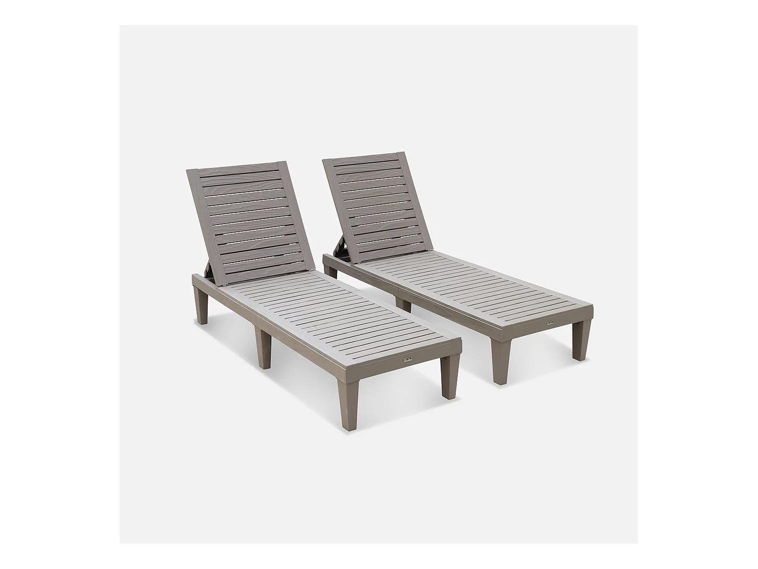 Lot de 2 bains de soleil. PIA. transats multi positions. en plastique. gris taupe