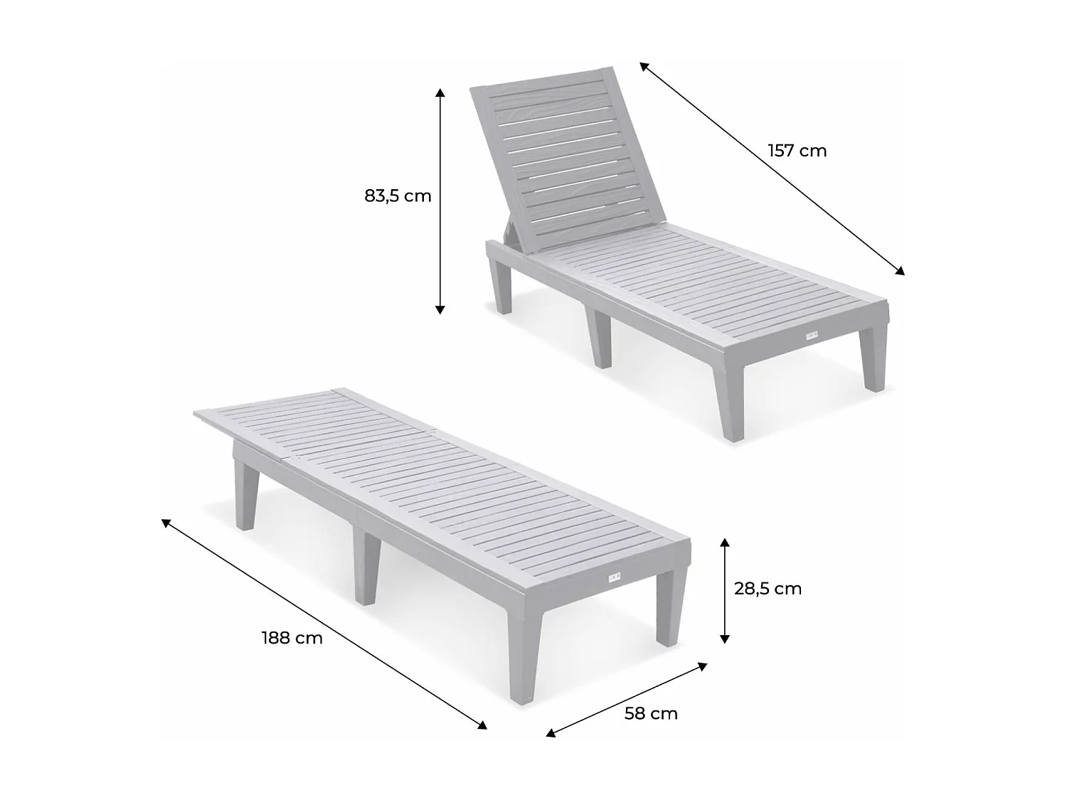 Lot de 2 bains de soleil. PIA. transats multi positions. en plastique. noir