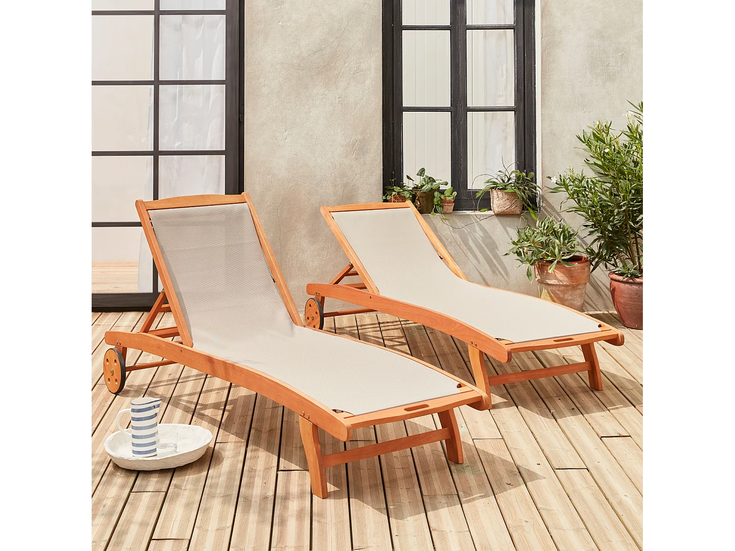 Set 2 lettini prendisole in legno multiposizione con ruote, grigio