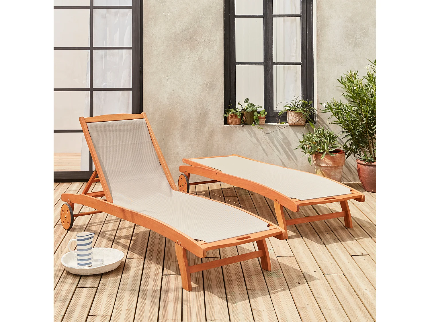 Set 2 lettini prendisole in legno multiposizione con ruote, grigio