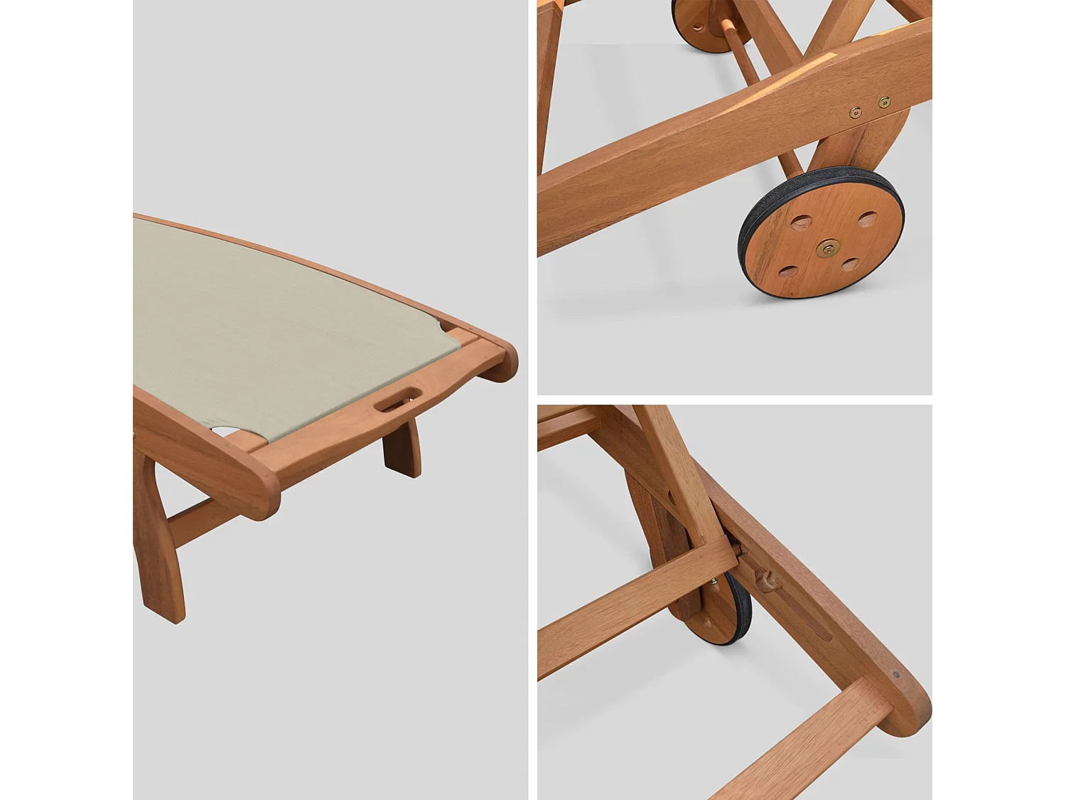 Set 2 lettini prendisole in legno multiposizione con ruote, grigio