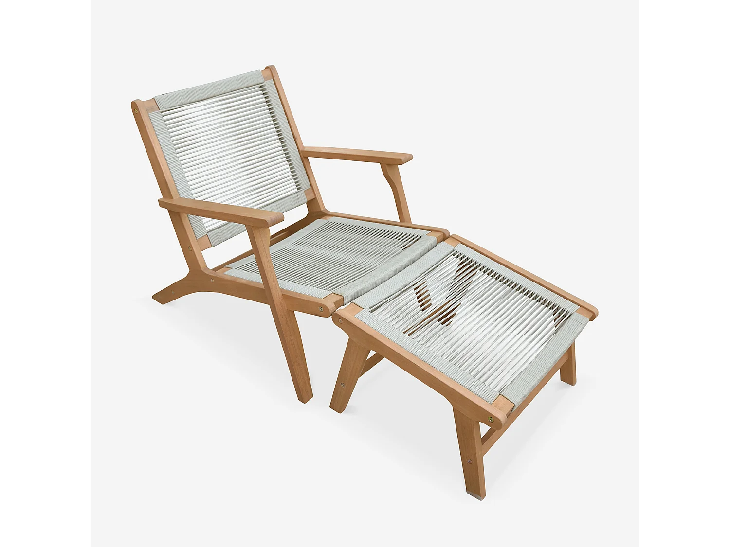 Poltrona relax in legno e corda con poggiapiedi, beige