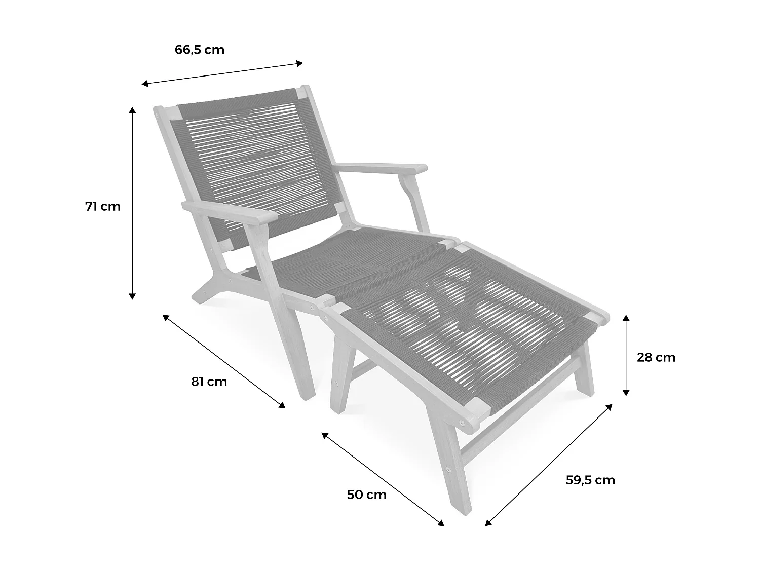 Poltrona relax in legno e corda con poggiapiedi, beige