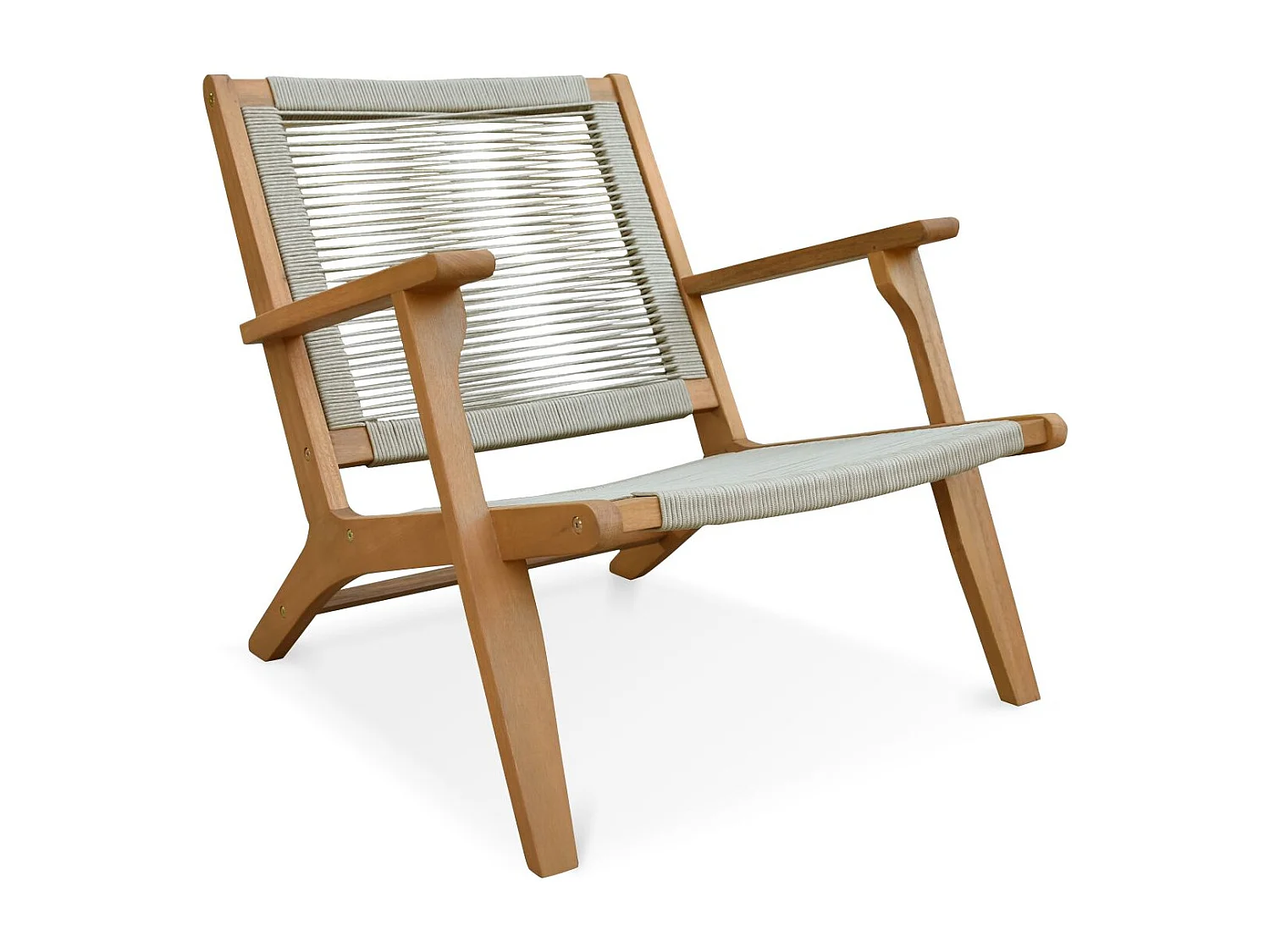 Poltrona relax in legno e corda con poggiapiedi, beige