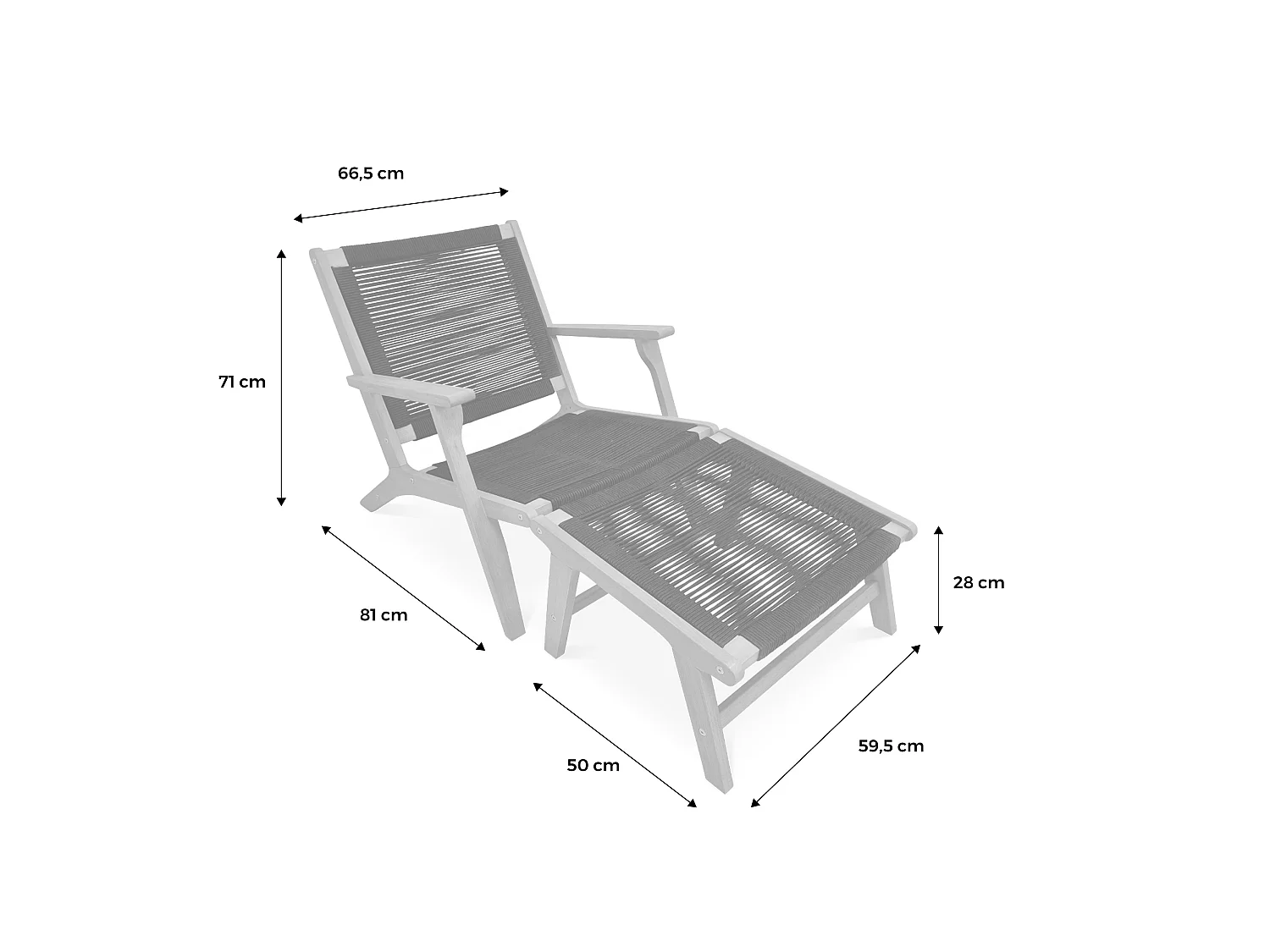 Poltrona relax in legno e corda con poggiapiedi, beige