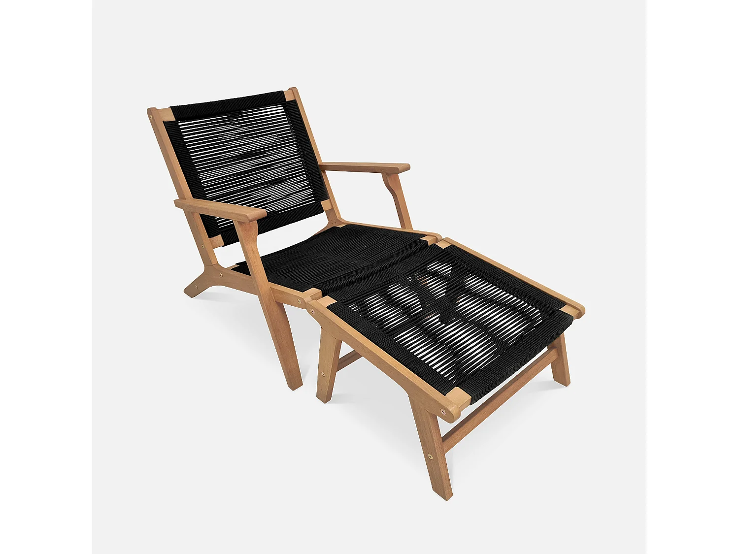 Fauteuil relax – CUZCO – Eucalyptus. Corde noir. avec repose-pieds