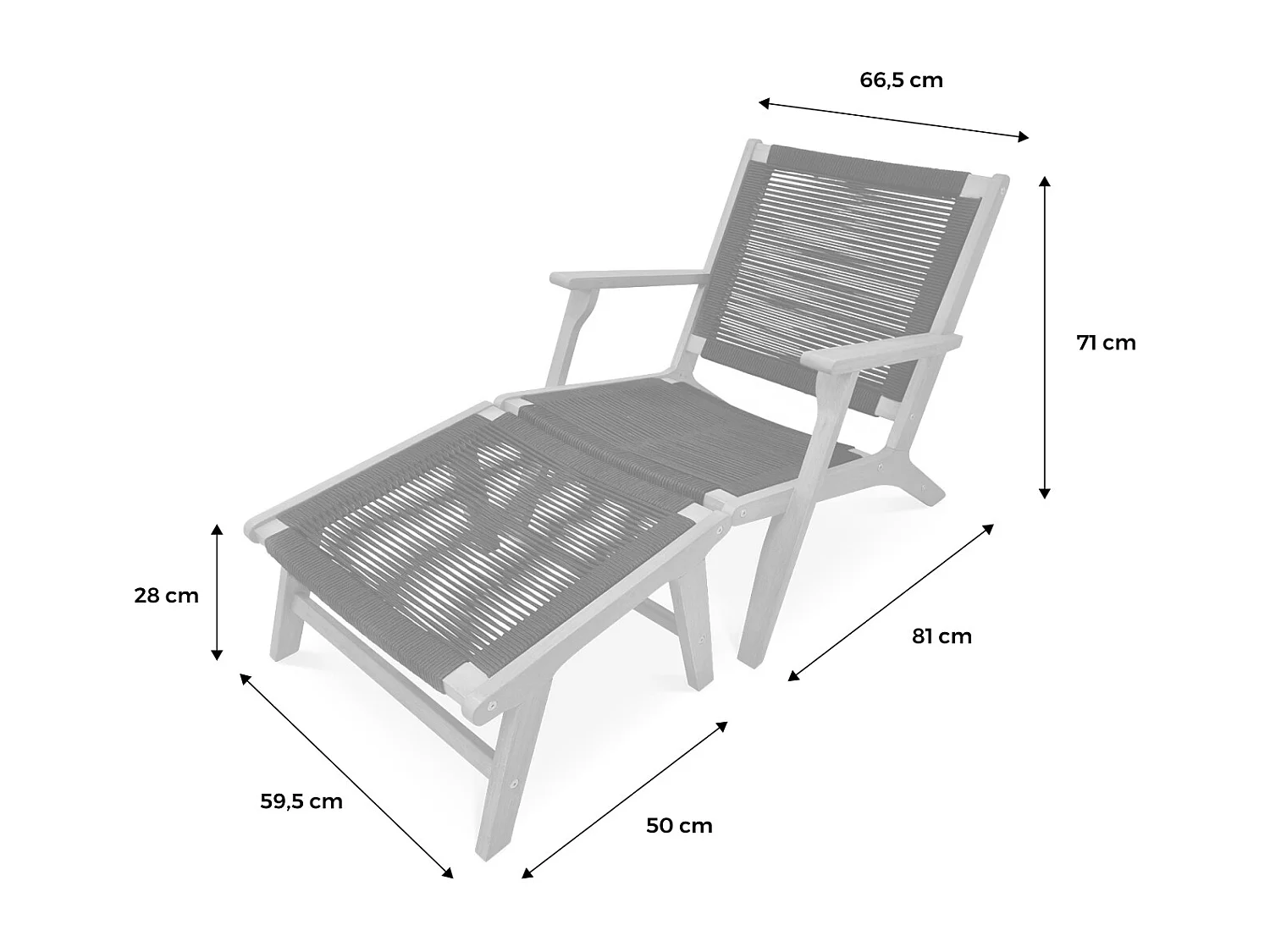 Fauteuil relax – CUZCO – Eucalyptus. Corde noir. avec repose-pieds
