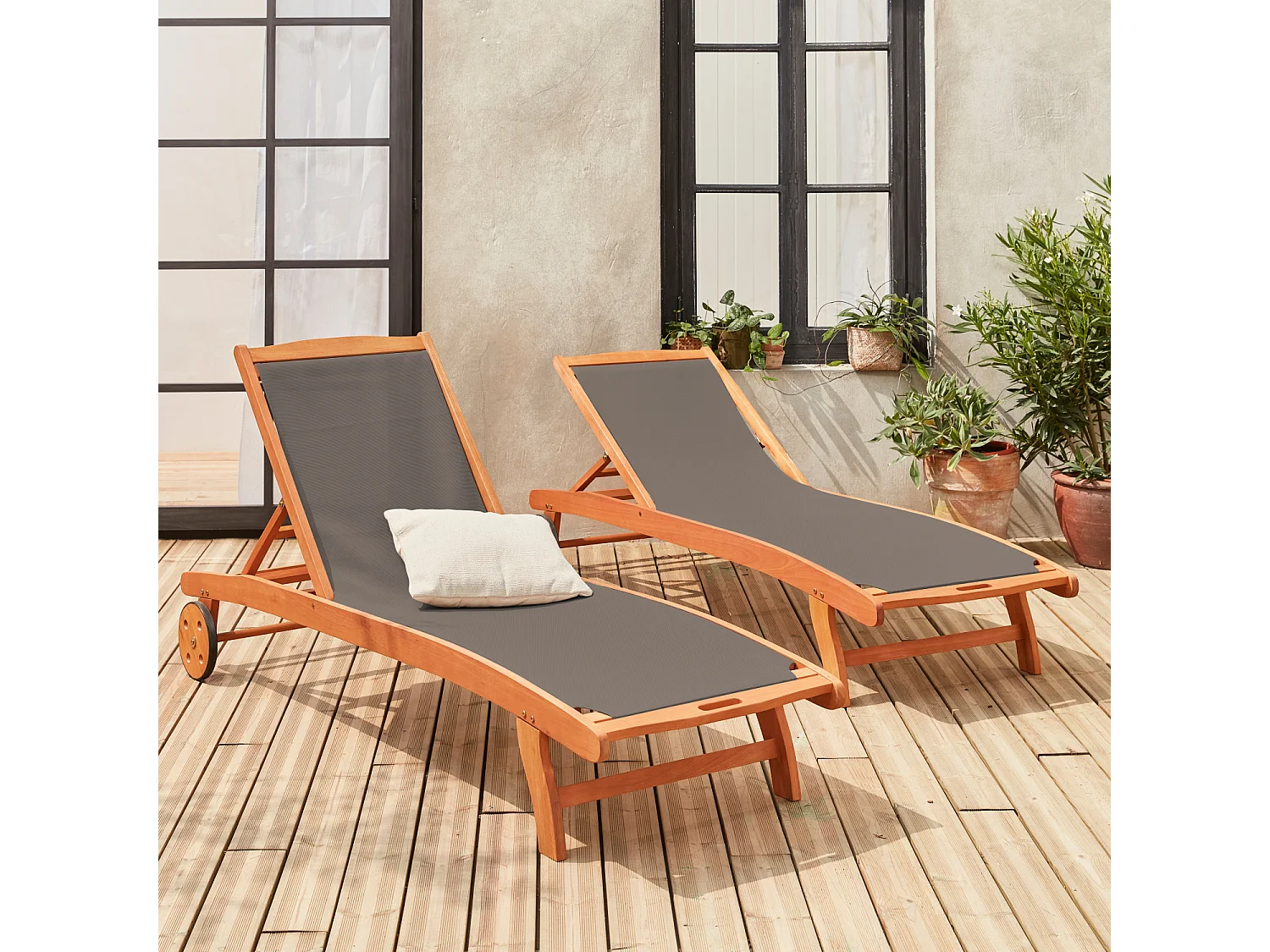 Tumbona de madera multiposición con ruedas, set de 2 antracita