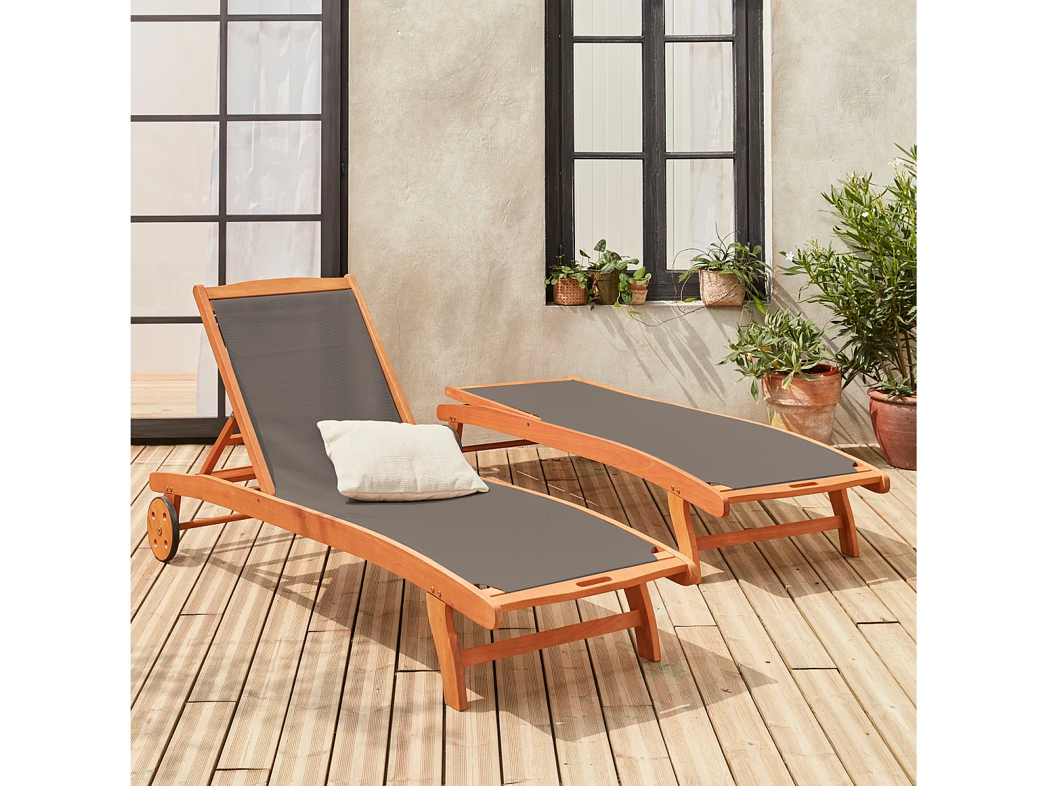 Tumbona de madera multiposición con ruedas, set de 2 antracita