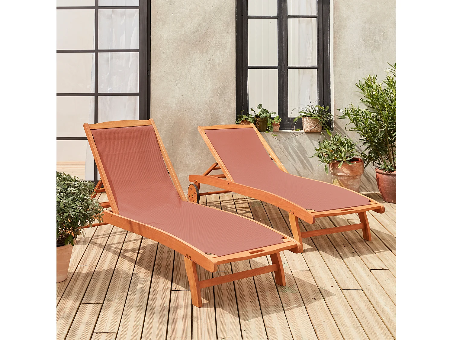 Set di 2 lettini multiposizione in legno con rotelle, terracotta