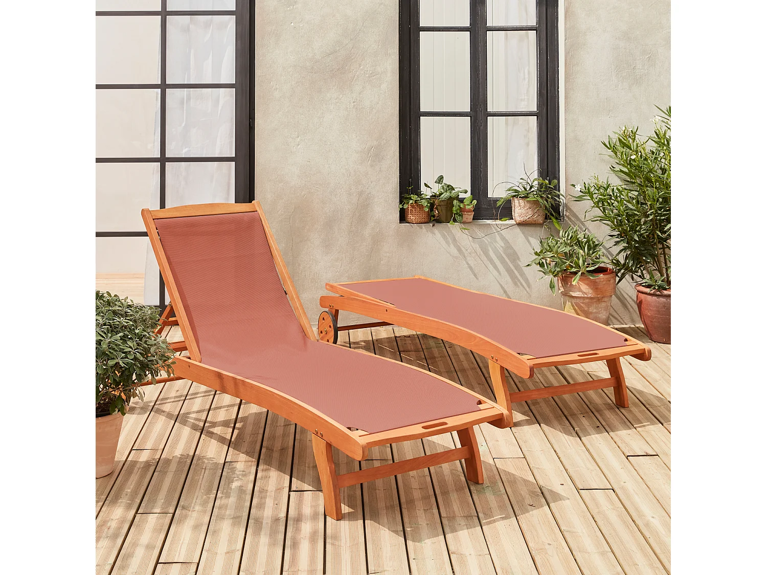 Bains de soleil en bois - Marbella Terra cotta - 2 transats en bois d'Eucalyptus huilé et textilène terra cotta