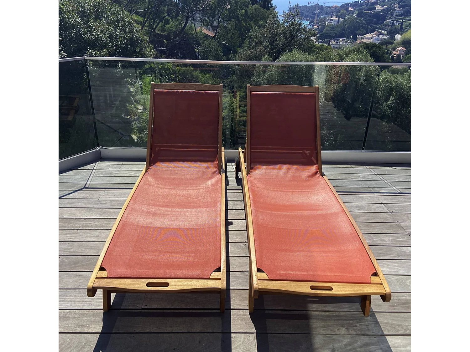 Set 2 lettini prendisole in legno multiposizione con ruote Terracotta - 196x68x91 cm