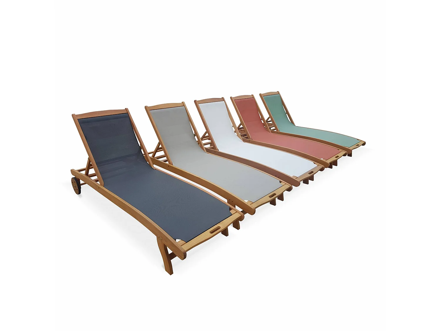 Set 2 lettini prendisole in legno multiposizione con ruote Terracotta - 196x68x91 cm