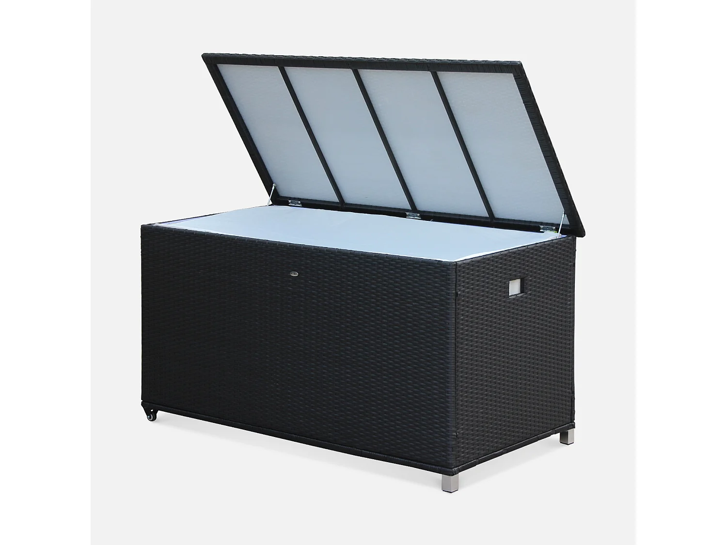 Coffre de jardin en résine tressée - Cassapanca Noir - 790L. vérins. roulettes. poignée et housse intérieure écrue. rangement coussins 162x82cm