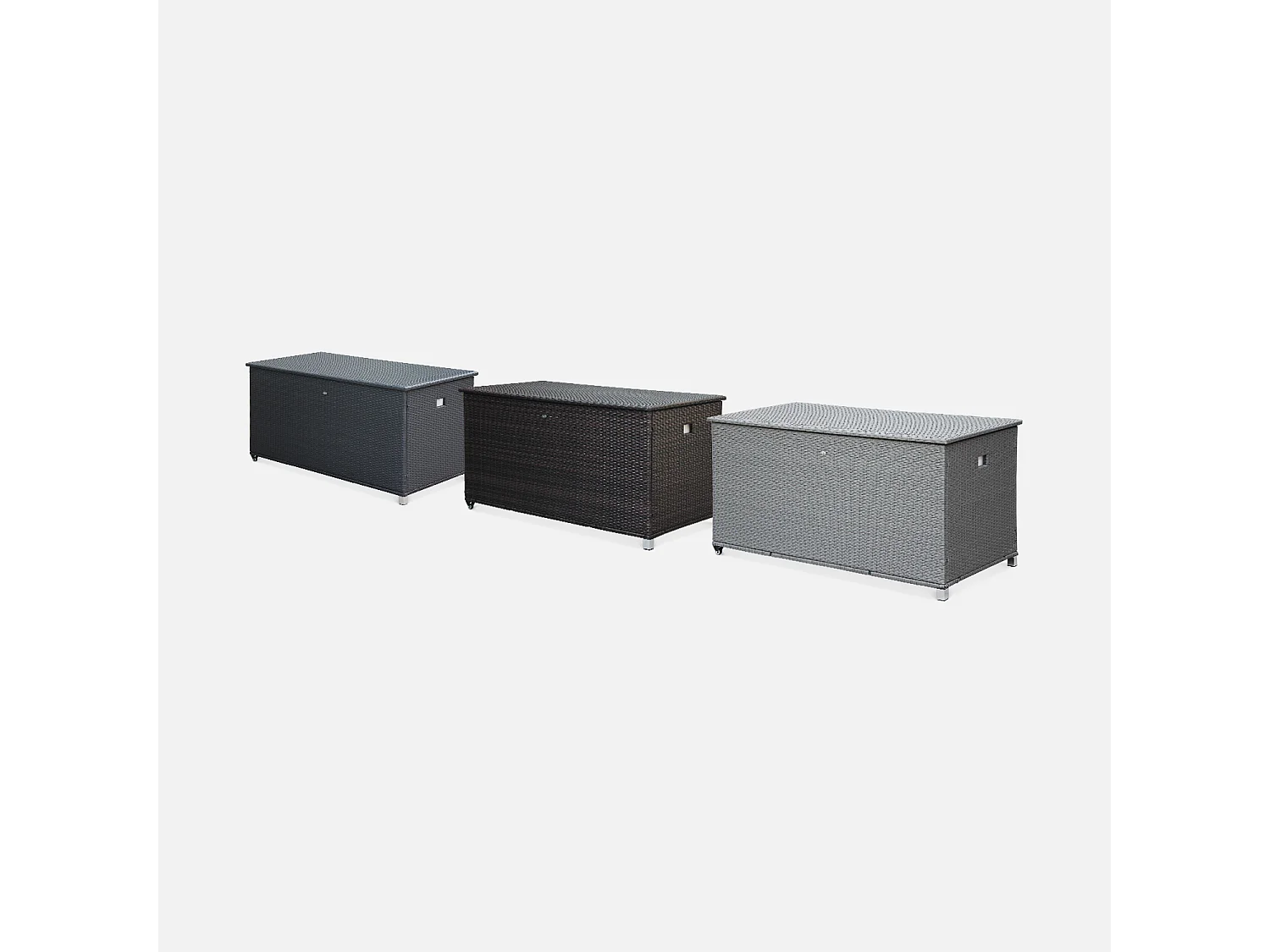 Coffre de jardin en résine tressée - Cassapanca Noir - 790L. vérins. roulettes. poignée et housse intérieure écrue. rangement coussins 162x82cm