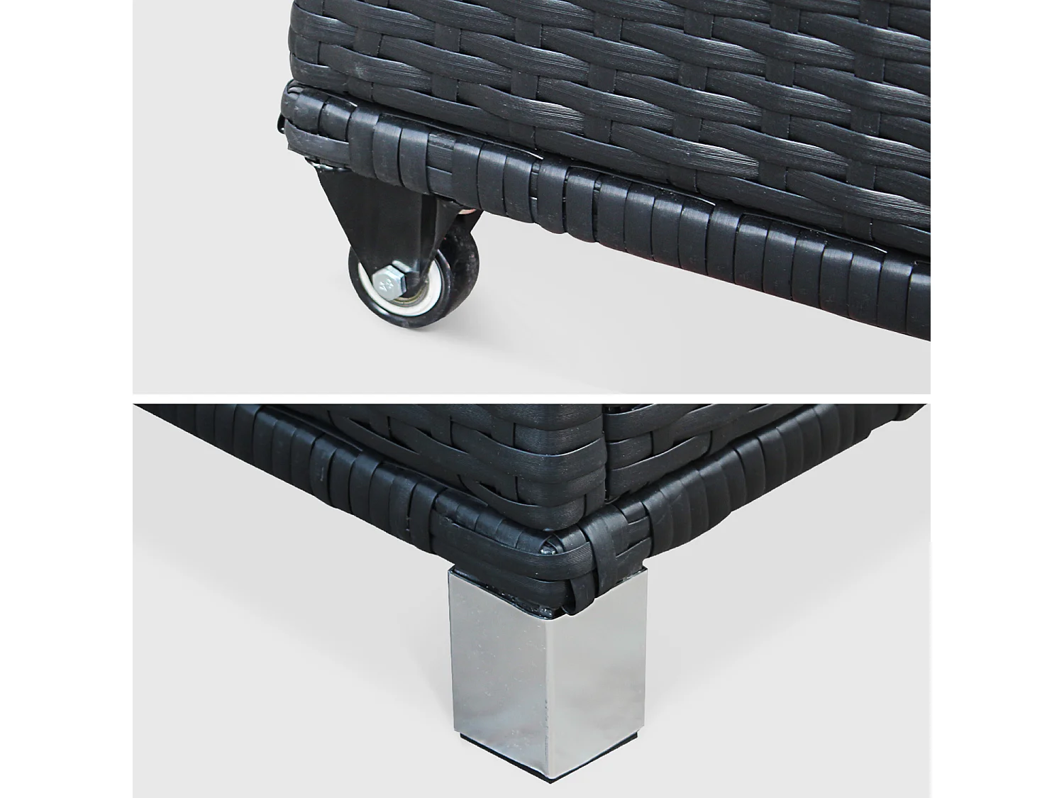 Coffre de jardin en résine tressée - Cassapanca Noir - 790L. vérins. roulettes. poignée et housse intérieure écrue. rangement coussins 162x82cm