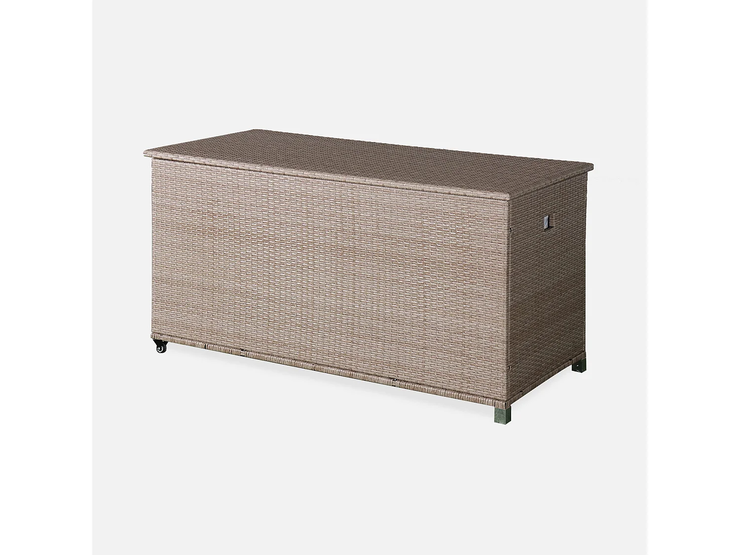 Coffre de jardin en résine tressée naturelle - Cassapanca  - 790L. vérins. roulettes. poignée et housse intérieure beige. rangement coussins 162x82cm