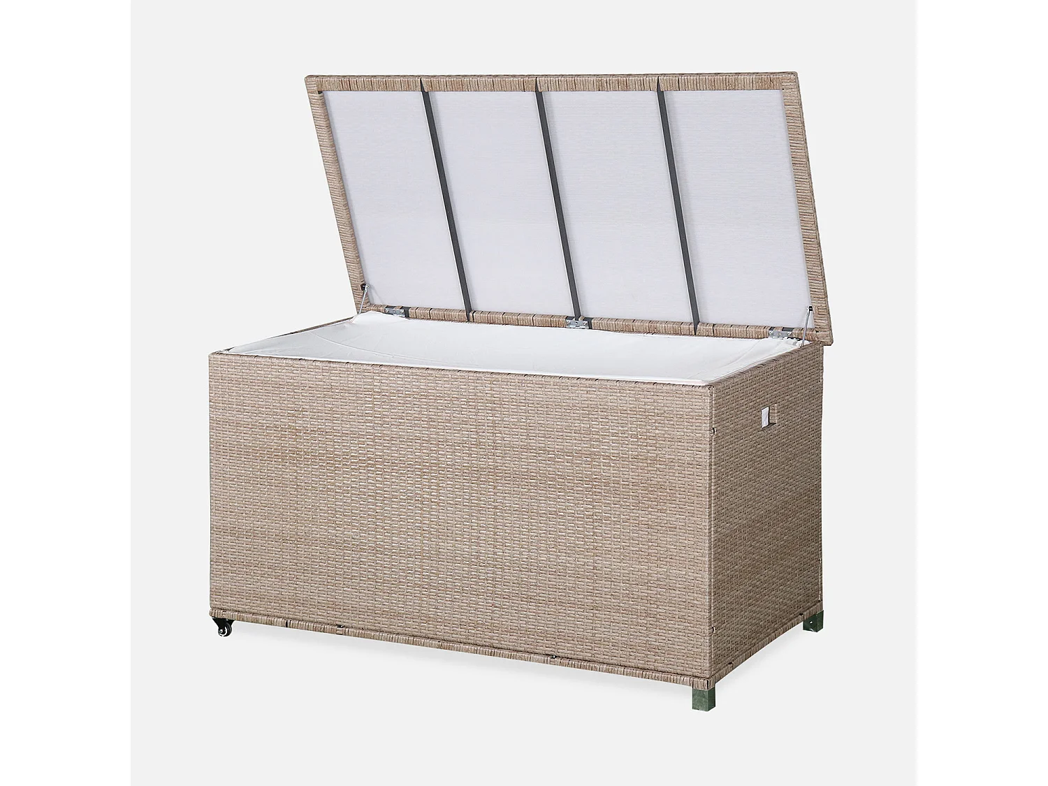 Coffre de jardin en résine tressée naturelle - Cassapanca  - 790L. vérins. roulettes. poignée et housse intérieure beige. rangement coussins 162x82cm