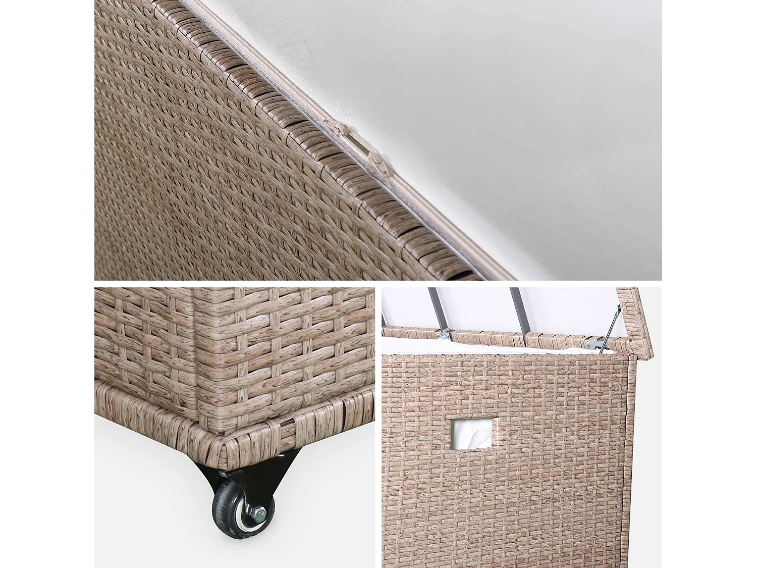 Coffre de jardin en résine tressée naturelle - Cassapanca  - 790L. vérins. roulettes. poignée et housse intérieure beige. rangement coussins 162x82cm