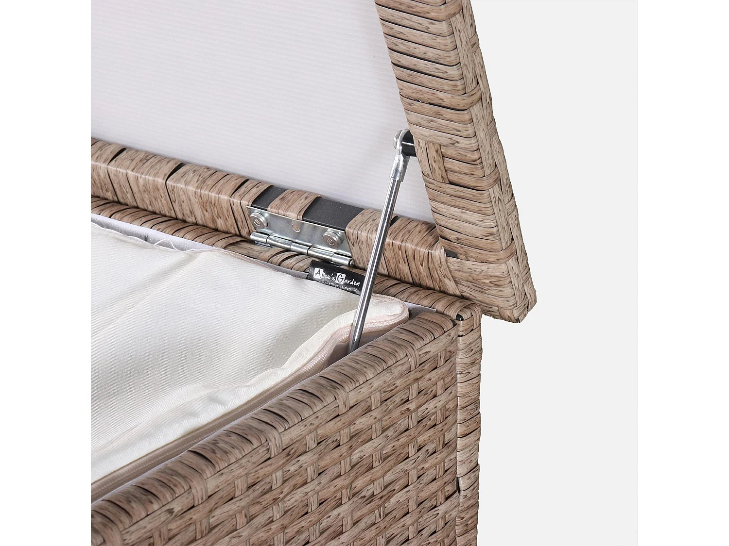 Coffre de jardin en résine tressée naturelle - Cassapanca  - 790L. vérins. roulettes. poignée et housse intérieure beige. rangement coussins 162x82cm