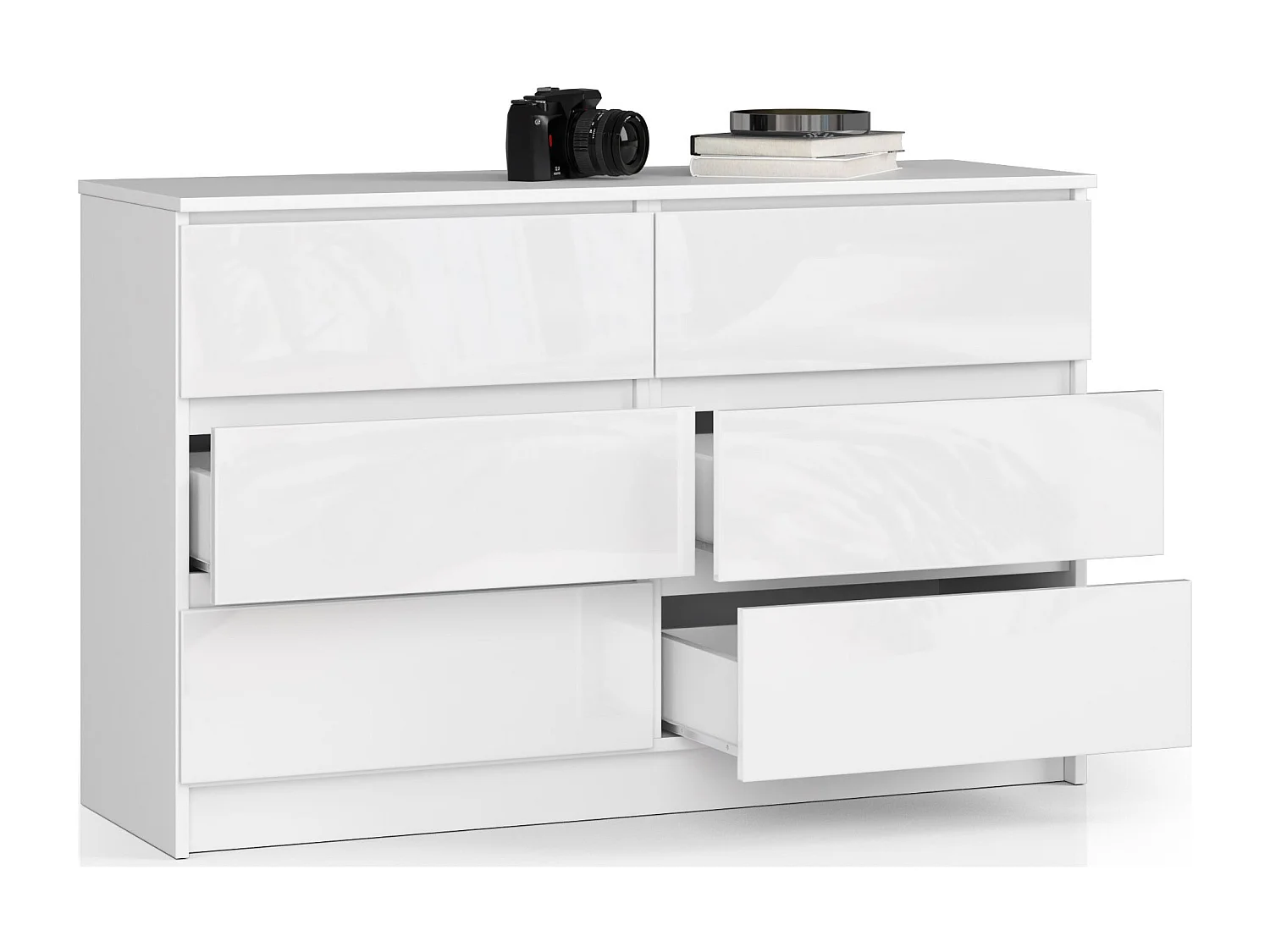Commode AKORD K120 Blanc 120 cm 6 tiroirs façade Blanche Brillante 120x40x77 cm