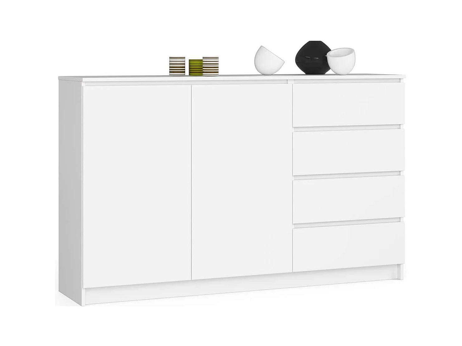 Commode AKORD K013 Blanche 160 cm 2 portes 4 tiroirs façade Blanche 2 étagères 160x40x99 cm