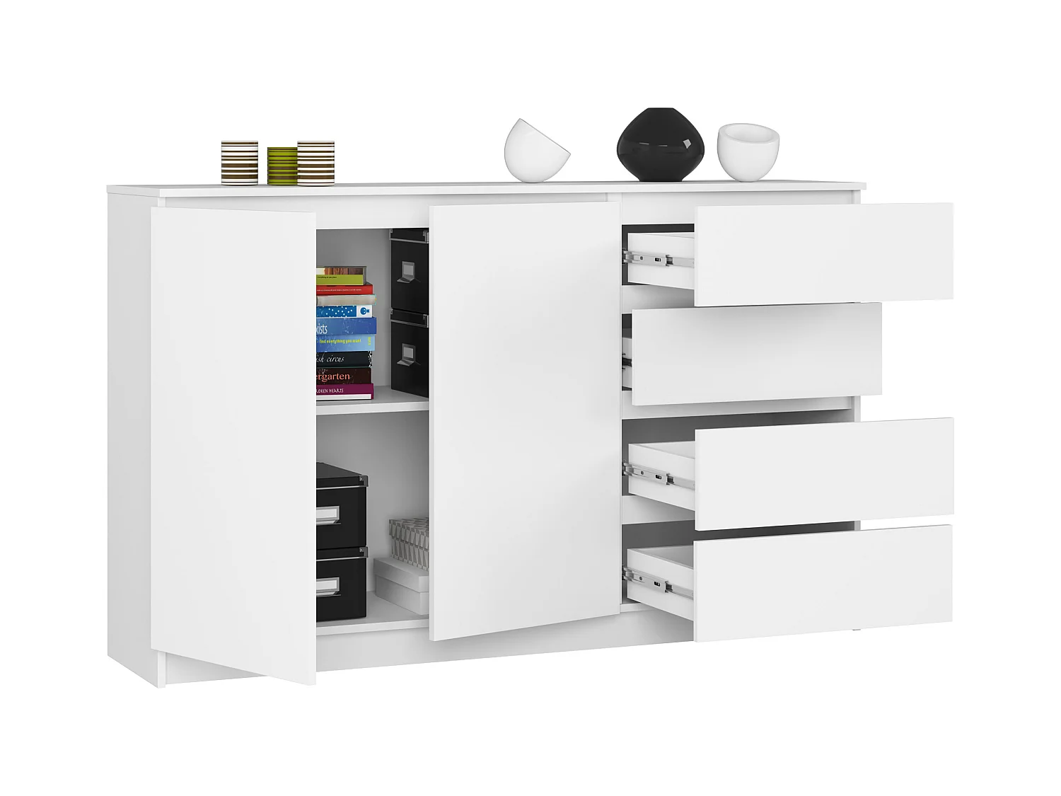 Komoda AKORD K013 Biała 160 cm 2 drzwi 4 szuflady kolor Biały mat 2 półki 160x40x99 cm