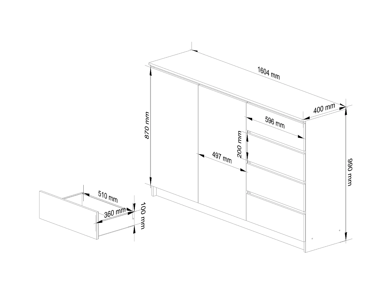 Komoda AKORD K013 Biała 160 cm 2 drzwi 4 szuflady kolor Biały mat 2 półki 160x40x99 cm