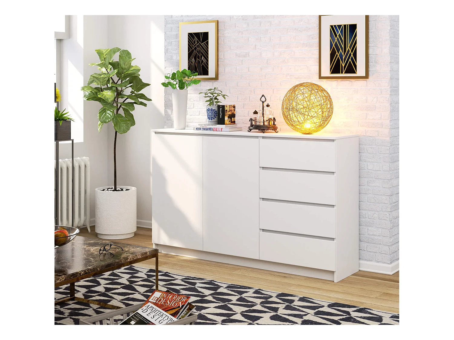 Komoda AKORD K013 Biała 160 cm 2 drzwi 4 szuflady kolor Biały mat 2 półki 160x40x99 cm