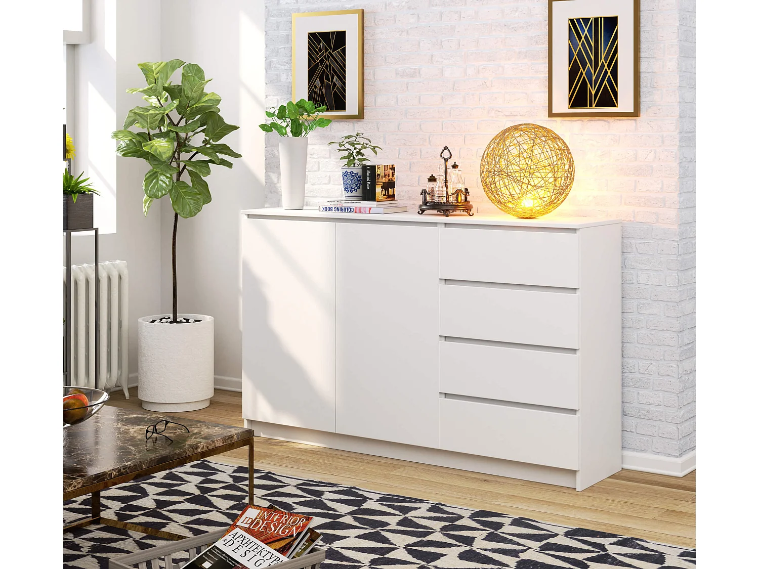 Komoda AKORD K013 Biała 160 cm 2 drzwi 4 szuflady kolor Biały mat 2 półki 160x40x99 cm