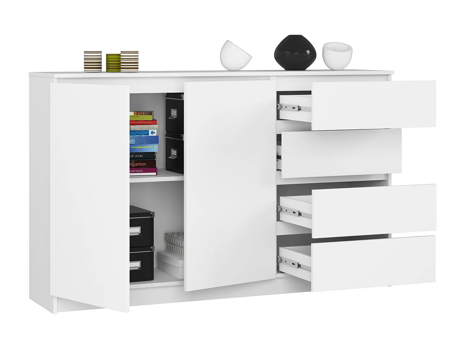 Commode AKORD K013 Blanche 160 cm 2 portes 4 tiroirs façade Blanche 2 étagères 160x40x99 cm