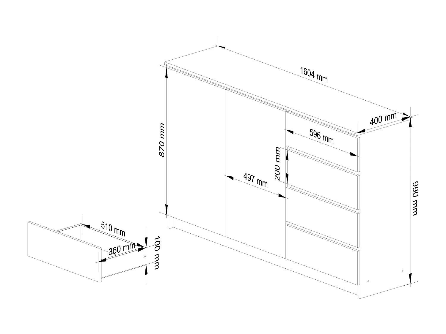 Commode AKORD K013 Blanche 160 cm 2 portes 4 tiroirs façade Blanche 2 étagères 160x40x99 cm