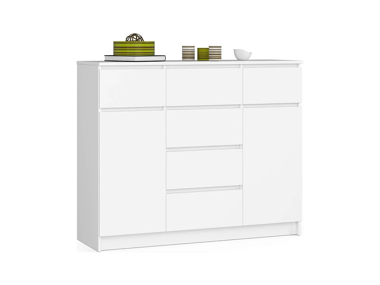 Commode AKORD K017 Blanche 120 cm 2 portes 6 tiroirs façade Blanche 4 étagères 120x40x99 cm
